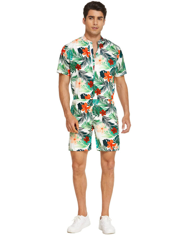 Beyond Apparel Men's One Piece Rompers Short Sleeve Hawaiian Floral Shirt Zipper Jumpsuit Shorts Casual Beach Playsuit with Pockets