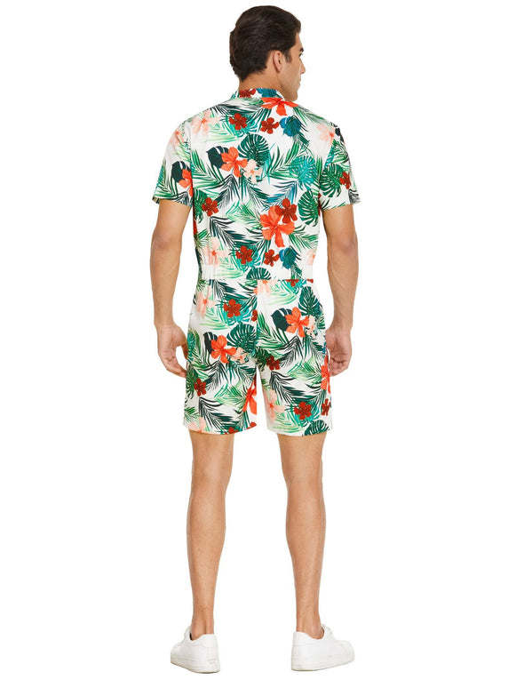 Beyond Apparel Men's One Piece Rompers Short Sleeve Hawaiian Floral Shirt Zipper Jumpsuit Shorts Casual Beach Playsuit with Pockets