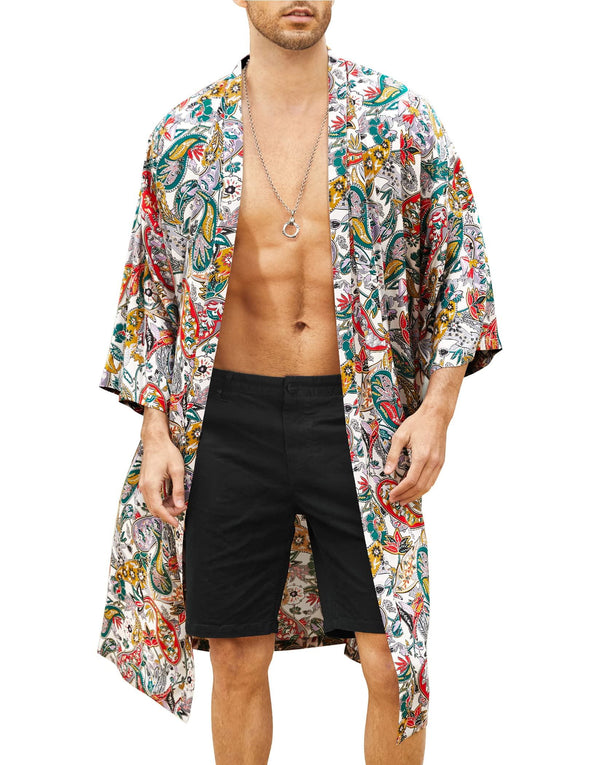 Beyond Apparel Men's Lightweight Kimono Robe Jacket Printed Japanese Style Bathrobes Casual Open Front Long Cardigan Coat Outwear