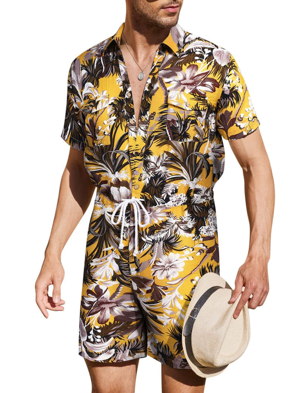 Beyond Apparel Mens Floral Shirts Sets Short Sleeve Casual Button Down Shirts One Piece Hawaiian Rompers Jumpsuit with Pockets