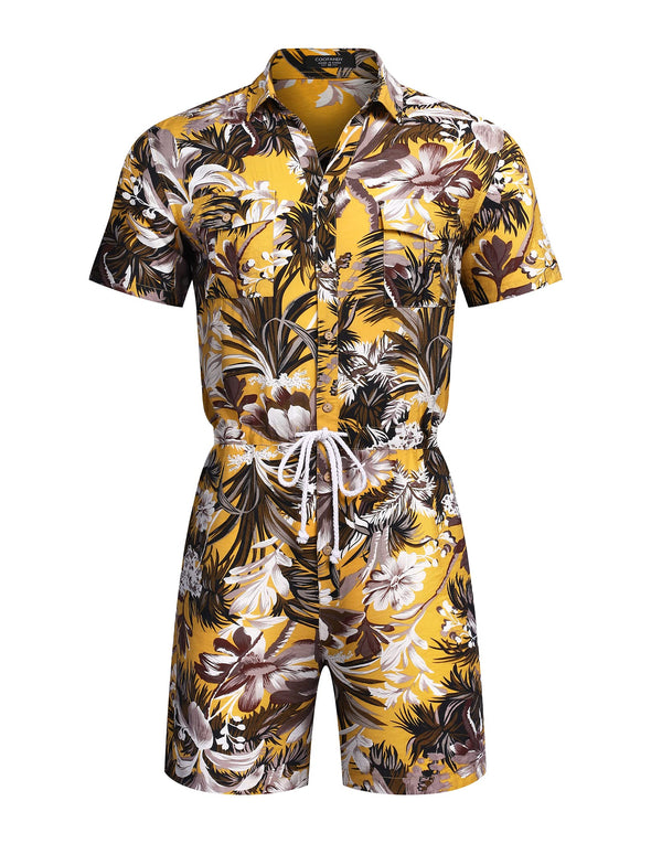 Beyond Apparel Mens Floral Shirts Sets Short Sleeve Casual Button Down Shirts One Piece Hawaiian Rompers Jumpsuit with Pockets