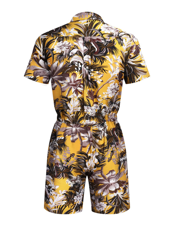 Beyond Apparel Mens Floral Shirts Sets Short Sleeve Casual Button Down Shirts One Piece Hawaiian Rompers Jumpsuit with Pockets